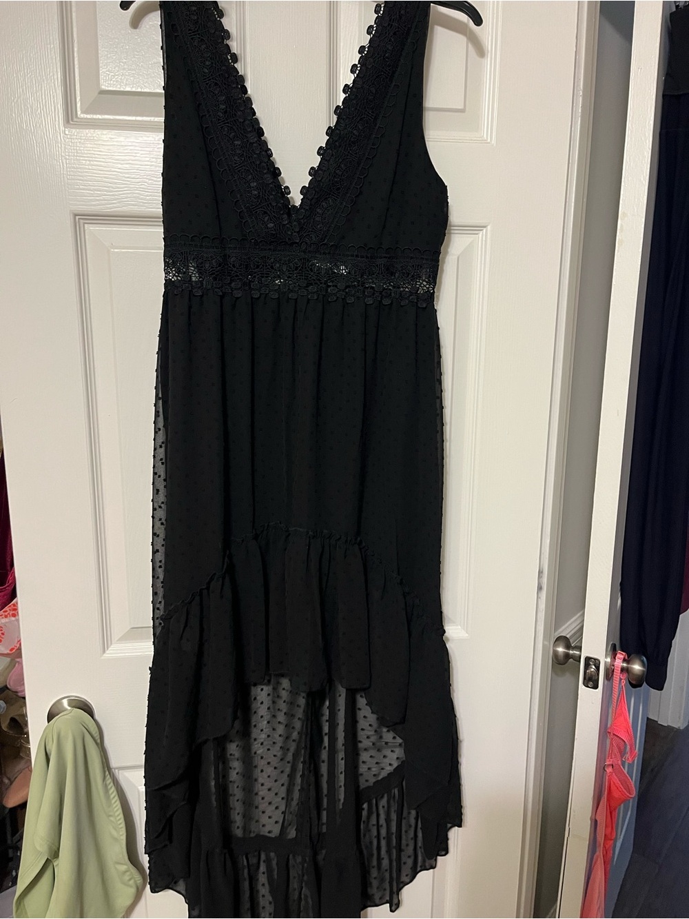 Black High-Low V-Neck Dress with Lace Trim